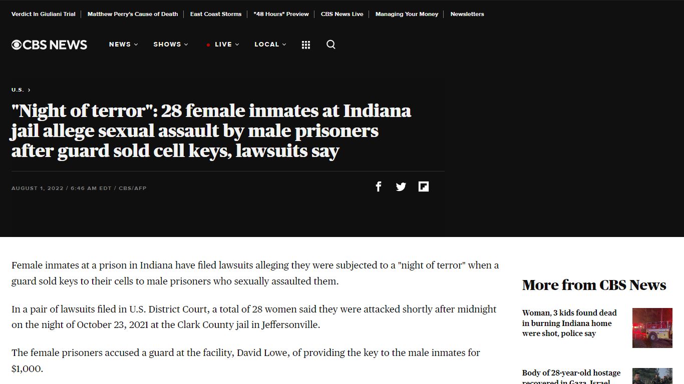 "Night of terror": 28 female inmates at Indiana jail allege sexual ...